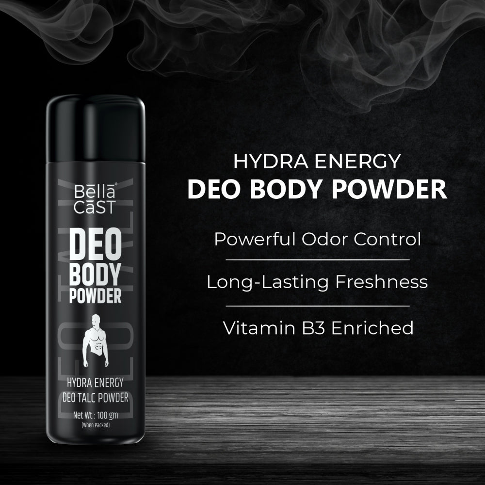 BellaCast Hydra Energy Deo Body Powder for Men – Long-Lasting Freshness & Odor Control (100g)