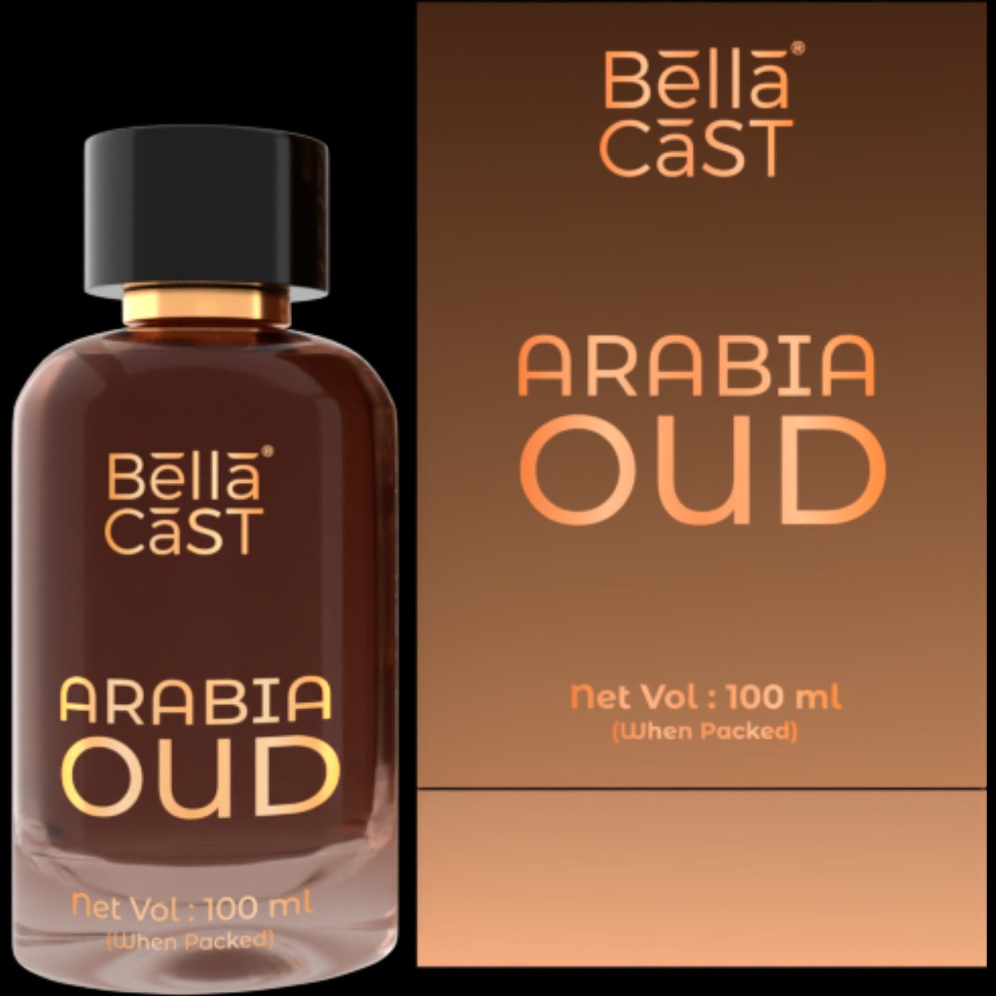 Bella Cast Arabia Oud perfume bottle and packaging on a black background