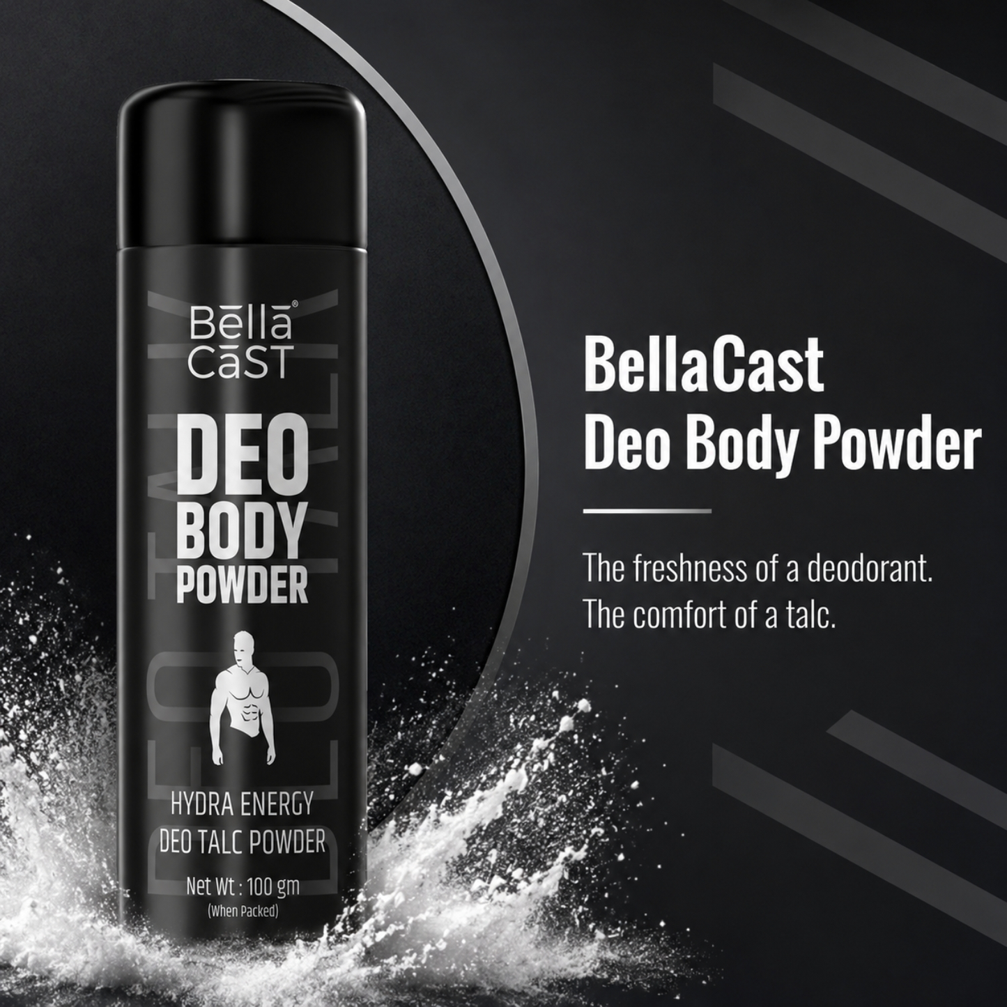 BellaCast Hydra Energy Deo Body Powder for Men – Long-Lasting Freshness & Odor Control (100g)
