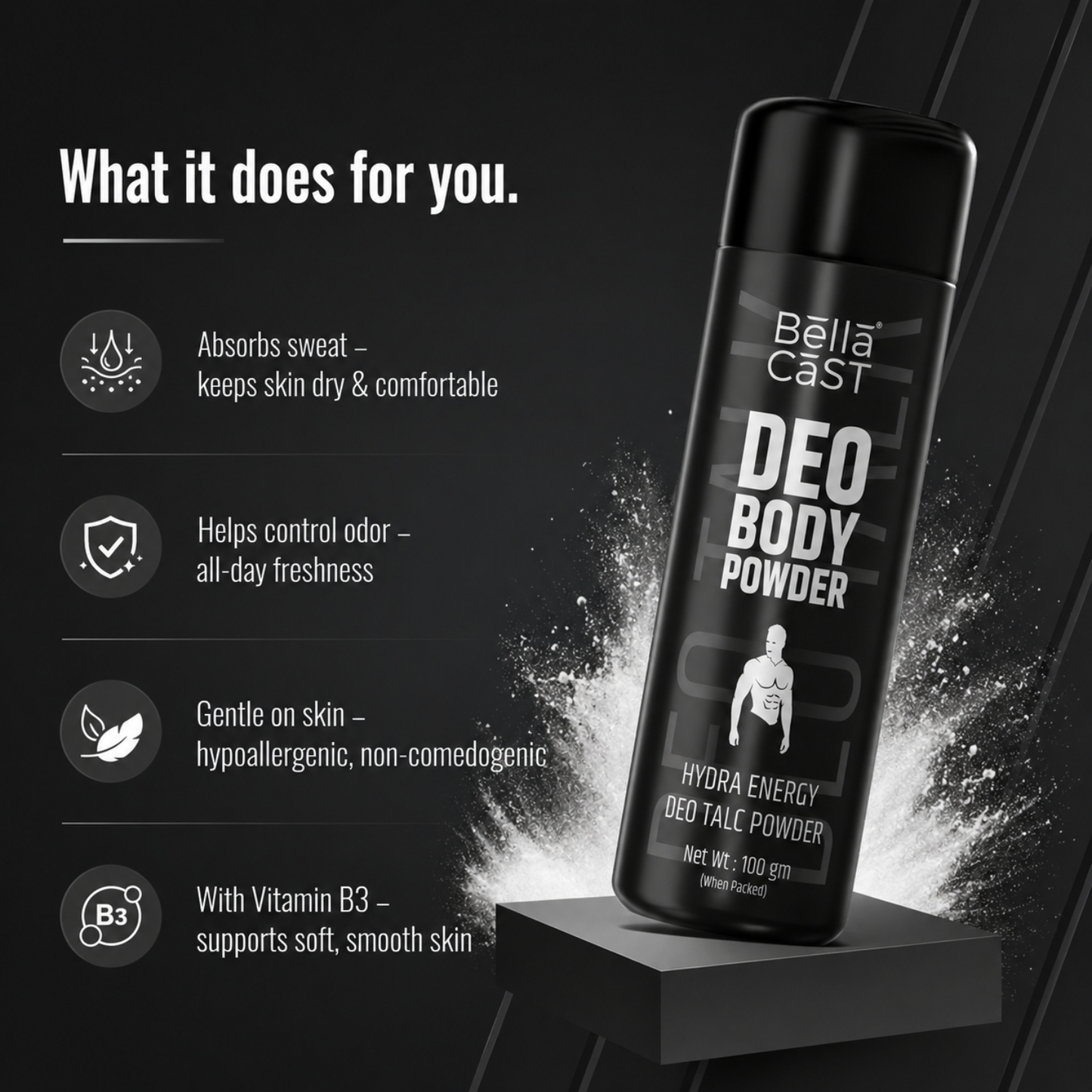 BellaCast Hydra Energy Deo Body Powder for Men – Long-Lasting Freshness & Odor Control (100g)