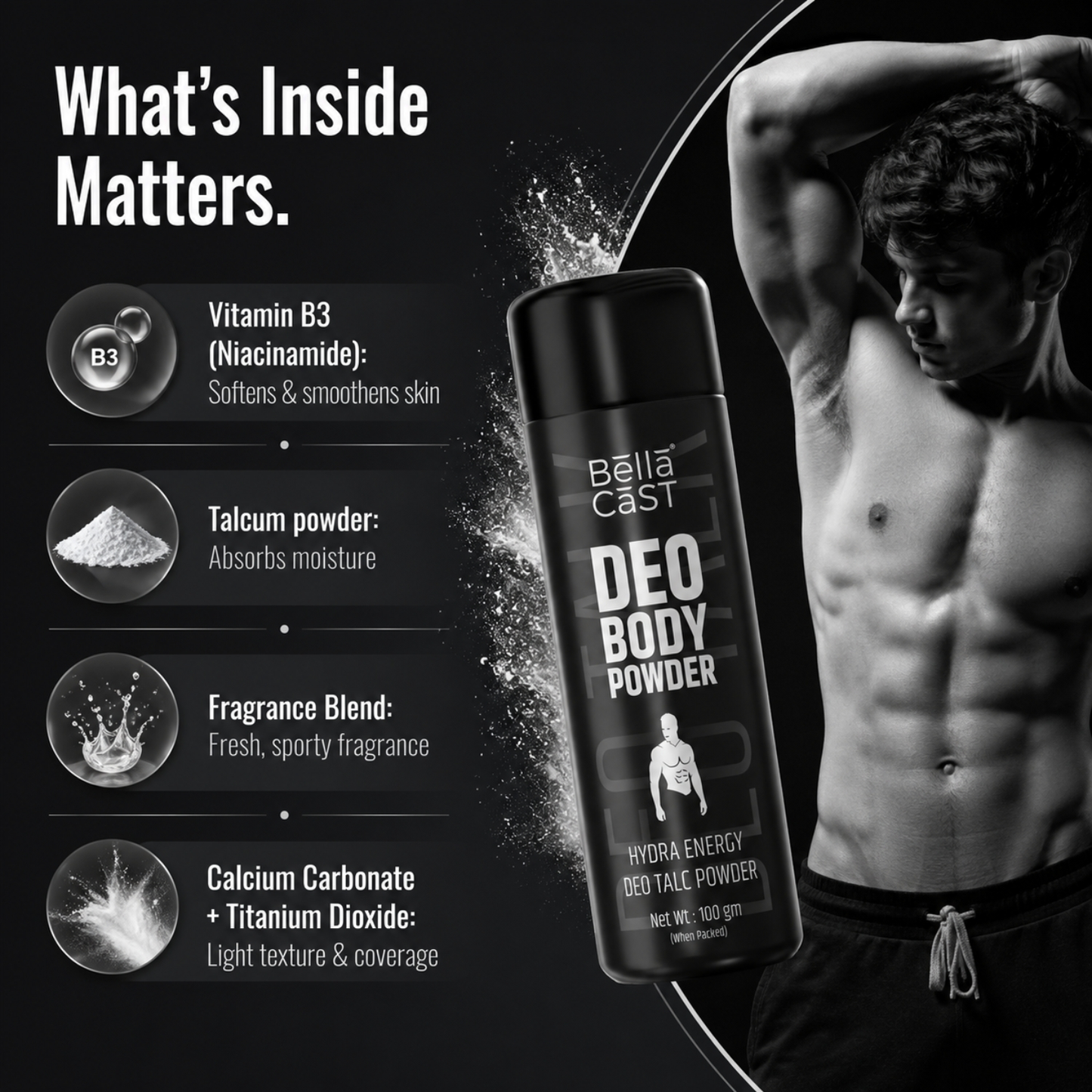 BellaCast Hydra Energy Deo Body Powder for Men – Long-Lasting Freshness & Odor Control (100g)