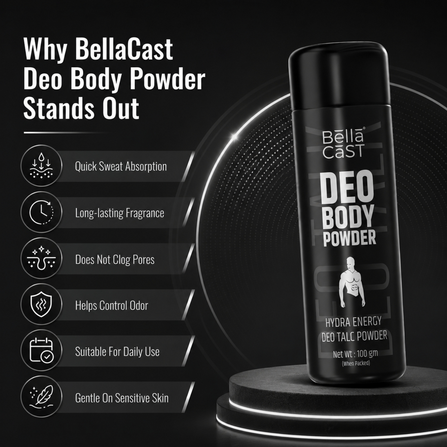 BellaCast Hydra Energy Deo Body Powder for Men – Long-Lasting Freshness & Odor Control (100g)