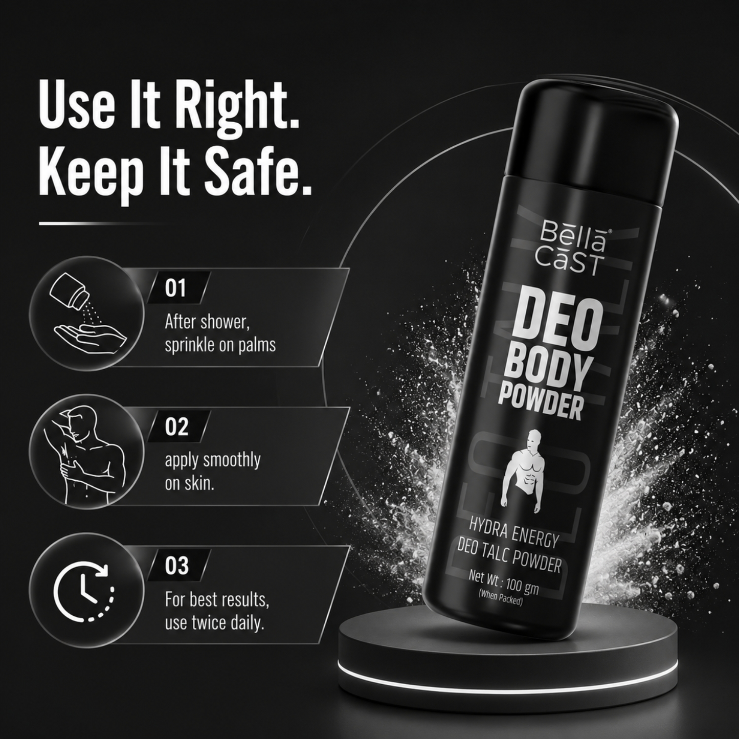 BellaCast Hydra Energy Deo Body Powder for Men – Long-Lasting Freshness & Odor Control (100g)