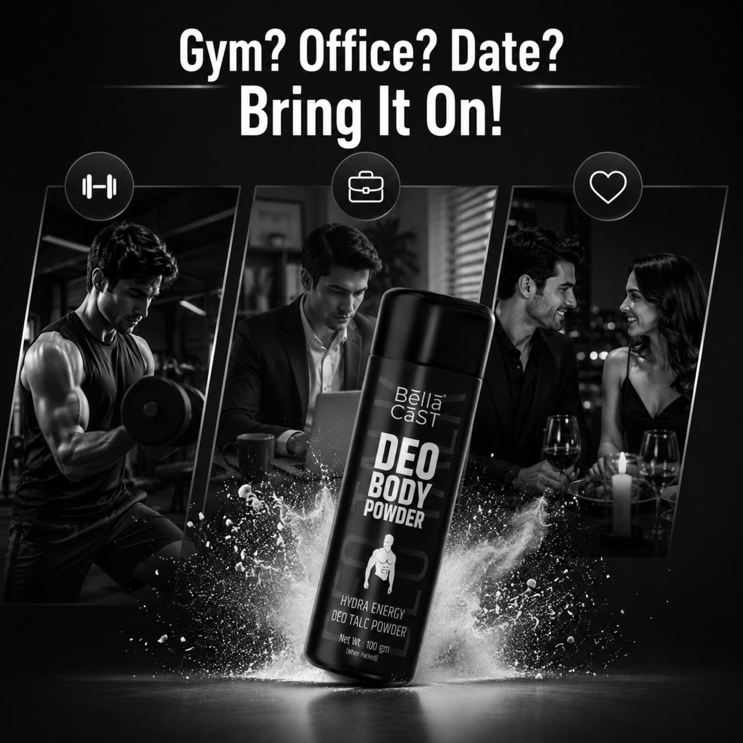 BellaCast Hydra Energy Deo Body Powder for Men – Long-Lasting Freshness & Odor Control (100g)