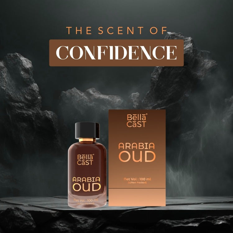 Bella Cast Arabia Oud perfume bottle and packaging on a dark background with 'The Scent of Confidence' text.